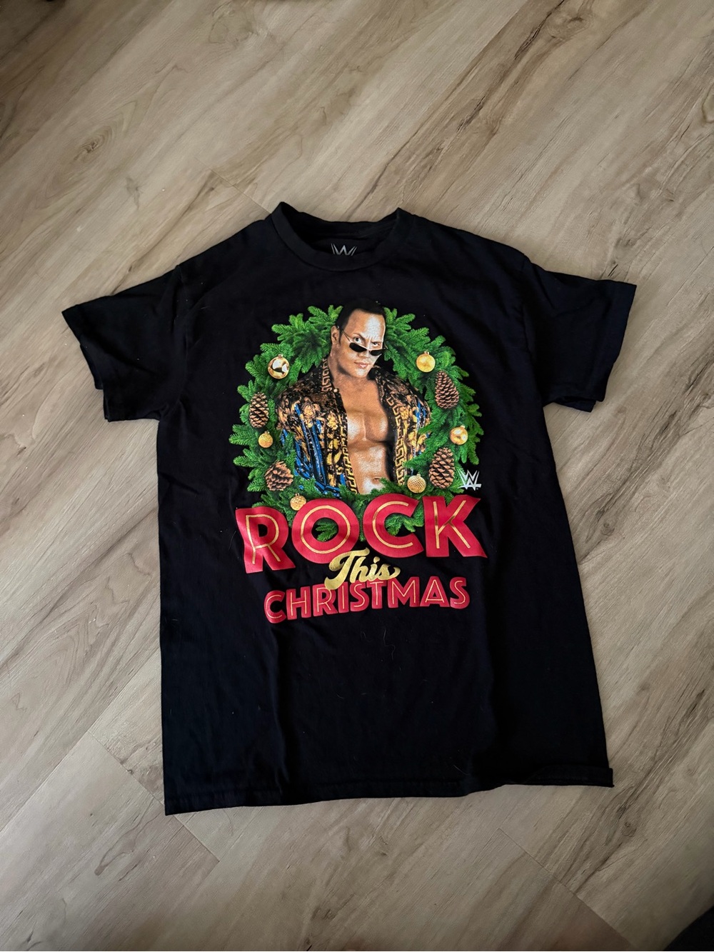 WWE Black Graphic Tee with Green Holiday Accents